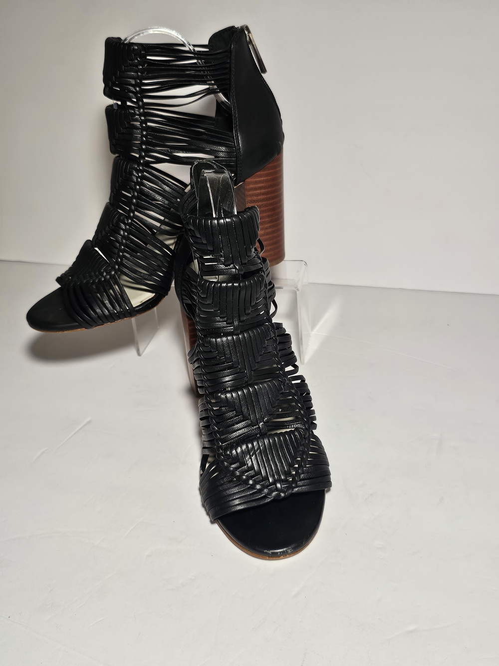 1.STATE Womens Size 8M KENTON Black Leather Woven Heels Block Heel Sandals